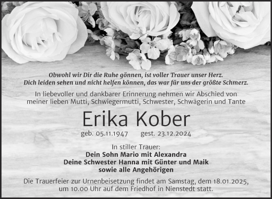 Traueranzeige von Erika Kober von Trauerkombi Sangerhausen