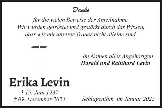 Traueranzeige von Erika Levin von Volksstimme Burg/Genthin