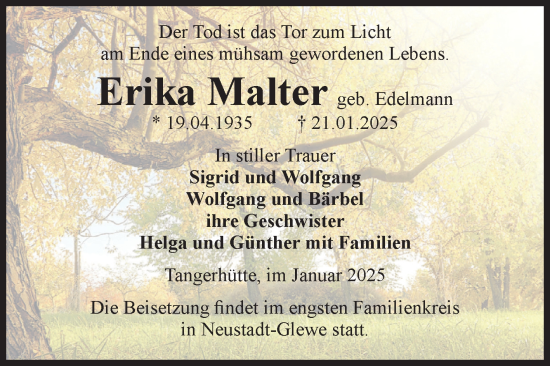 Traueranzeige von Erika Malter von Volksstimme Altmark Ost