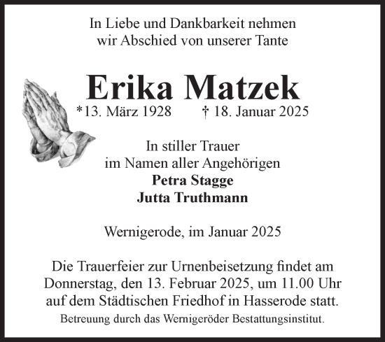 Traueranzeige von Erika Matzek von Volksstimme Wernigerode
