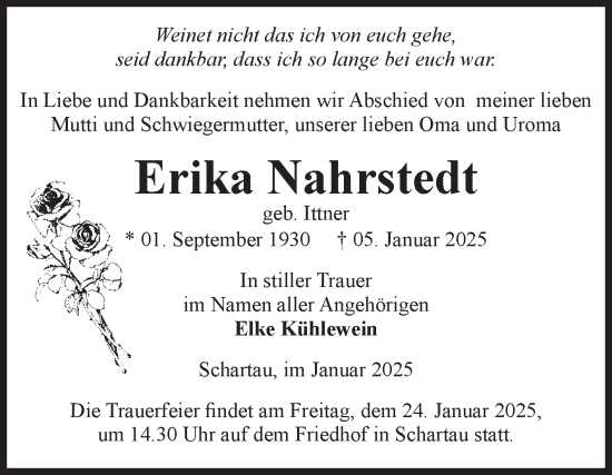 Traueranzeige von Erika Nahrstedt von Volksstimme Burg/Genthin