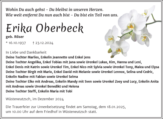 Traueranzeige von Erika Oberbeck von Trauerkombi Merseburg