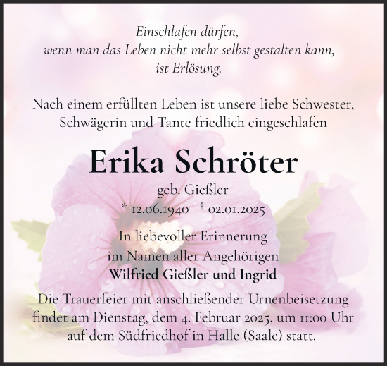 Traueranzeige von Erika Schröter von Mitteldeutsche Zeitung Halle/Saalkreis