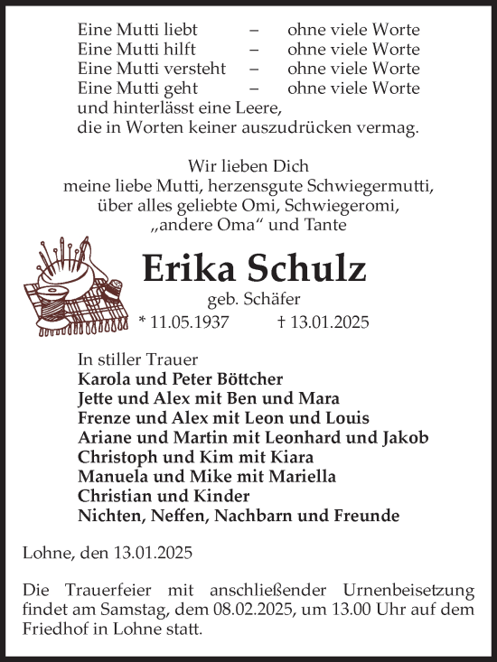 Traueranzeige von Erika Schulz von Volksstimme Altmark West