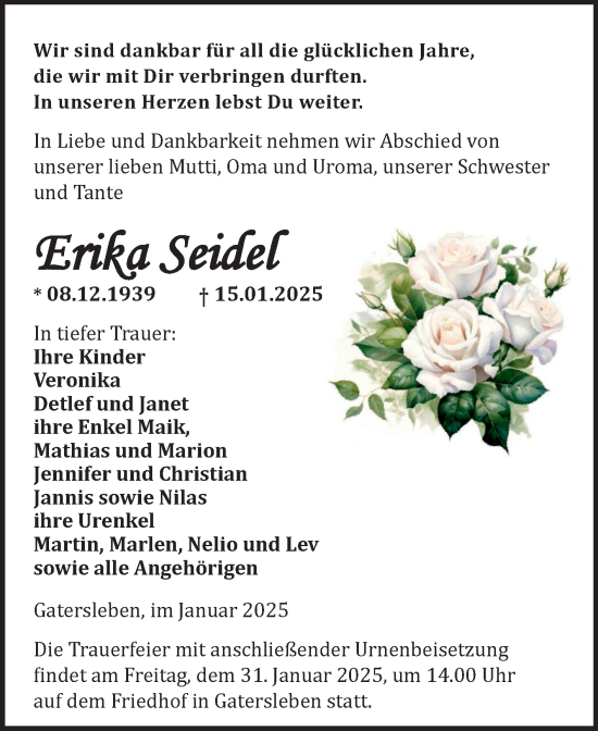 Traueranzeige von Erika Seidel von Trauerkombi Aschersleben