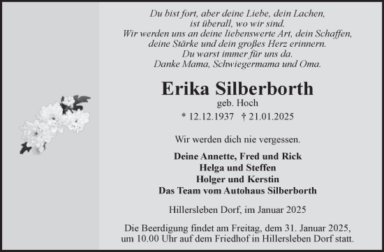 Traueranzeige von Erika Silberborth von Volksstimme Haldensleben/Wolmirstedt