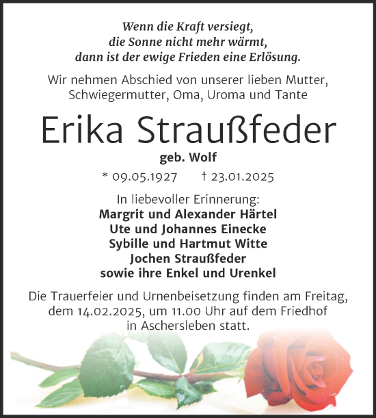 Traueranzeige von Erika Straußfeder von Trauerkombi Aschersleben