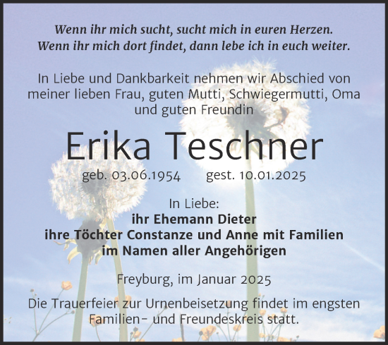 Traueranzeige von Erika Teschner von Super Sonntag Naumburg/Nebra