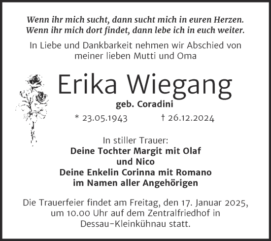 Traueranzeige von Erika Wiegang von Trauerkombi Dessau