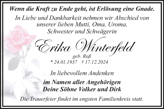 Traueranzeige von Erika Winterfeld von Trauerkombi Dessau