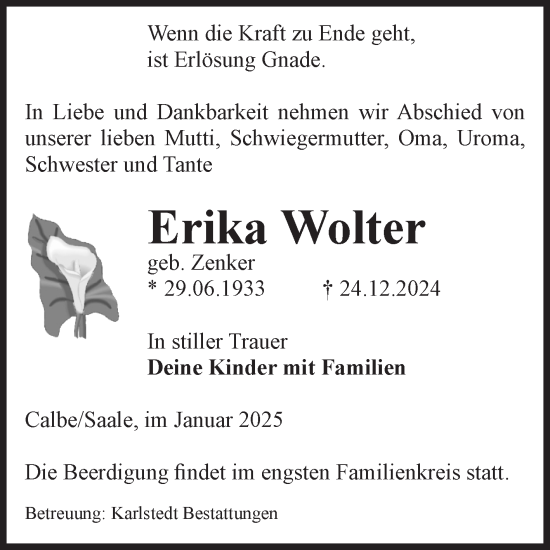 Traueranzeige von Erika Wolter von Volksstimme Schönebeck