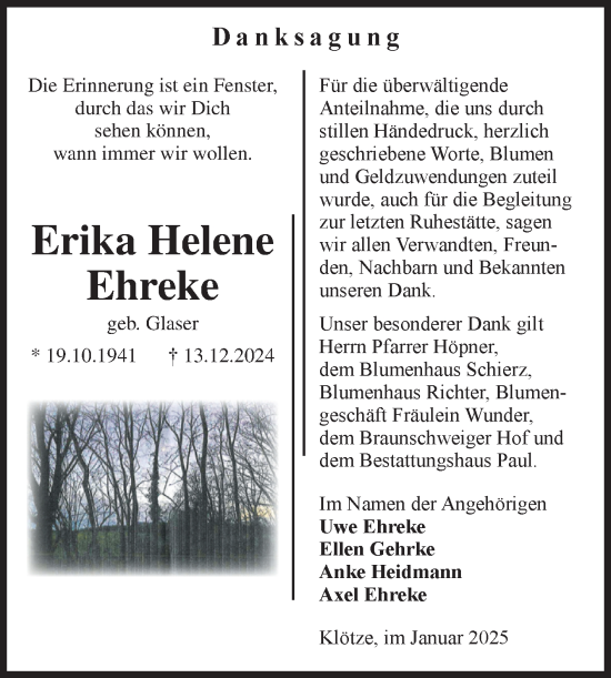 Traueranzeige von Erika Helene Ehreke von Volksstimme Altmark West