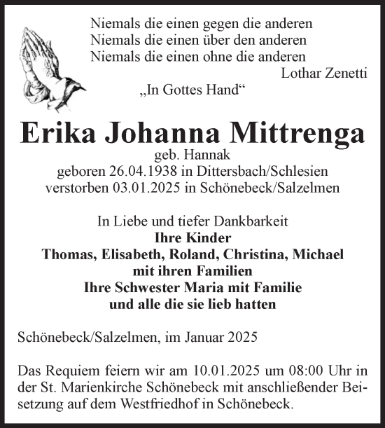 Traueranzeige von Erika Johanna Mittrenga von Volksstimme Schönebeck