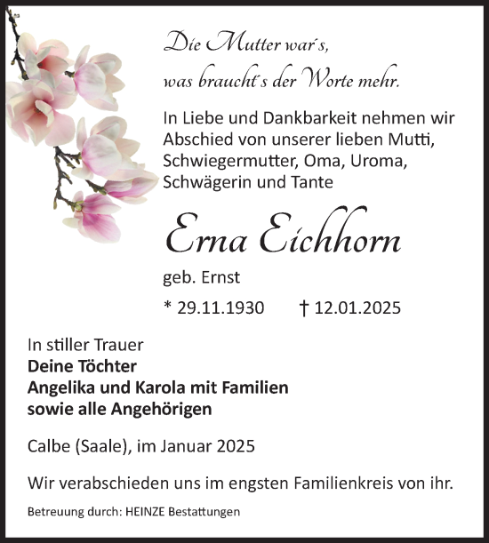 Traueranzeige von Erna Eichhorn von Volksstimme Schönebeck