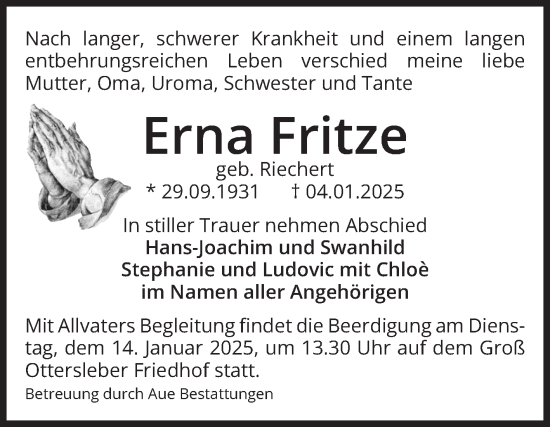 Traueranzeige von Erna Fritze von Volksstimme Magdeburg