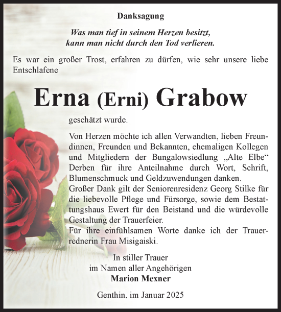 Traueranzeige von Erna Grabow von Volksstimme Burg/Genthin