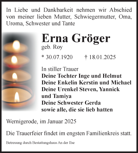 Traueranzeige von Erna Gröger von Volksstimme Wernigerode