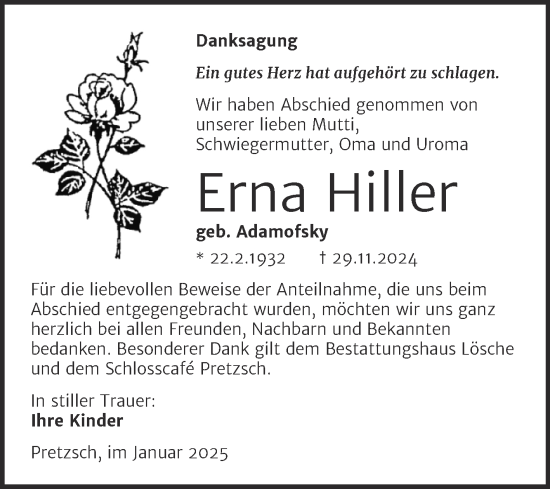 Traueranzeige von Erna Hiller von Trauerkombi Wittenberg