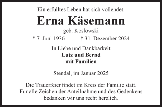 Traueranzeige von Erna Käsemann von Volksstimme Altmark Ost