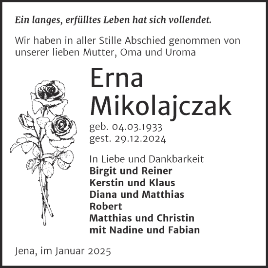 Traueranzeige von Erna Mikolajczak von Naumburger Tageblatt
