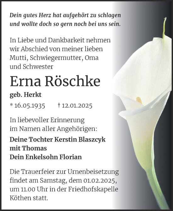 Traueranzeige von Erna Röschke von Trauerkombi Köthen
