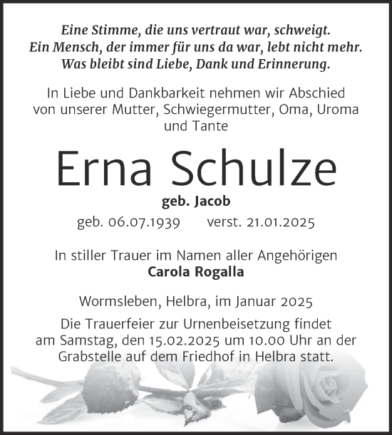 Traueranzeige von Erna Schulze von Trauerkombi Mansfelder Land