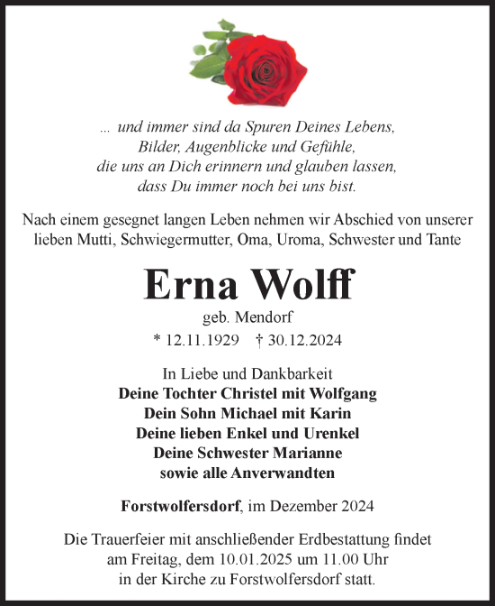 Traueranzeige von Erna Wolff von Volksstimme Schönebeck