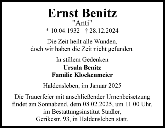 Traueranzeige von Ernst Benitz von Volksstimme Haldensleben/Wolmirstedt