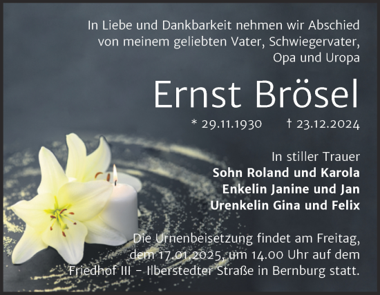 Traueranzeige von Ernst Brösel von Trauerkombi Bernburg
