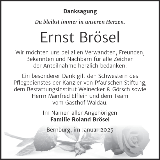 Traueranzeige von Ernst Brösel von Trauerkombi Bernburg