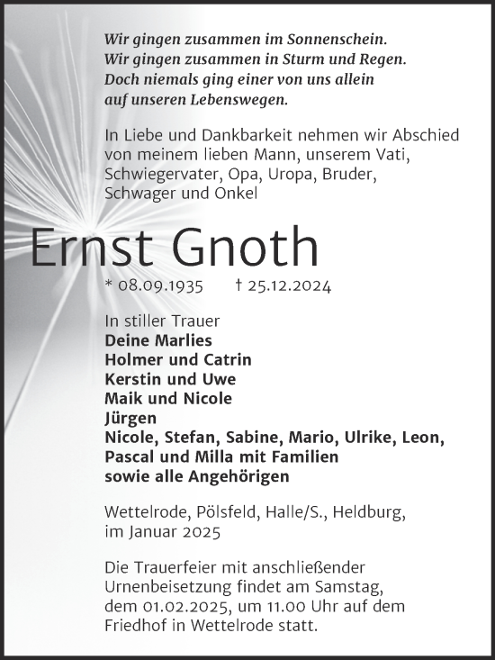 Traueranzeige von Ernst Gnoth von Trauerkombi Sangerhausen