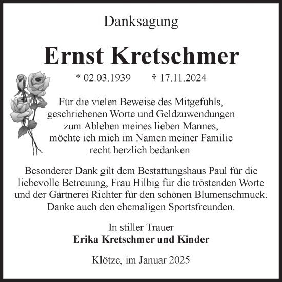 Traueranzeige von Ernst Kretschmer von Volksstimme Altmark West
