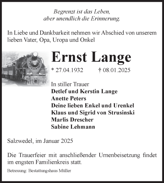 Traueranzeige von Ernst Lange von Volksstimme Altmark West