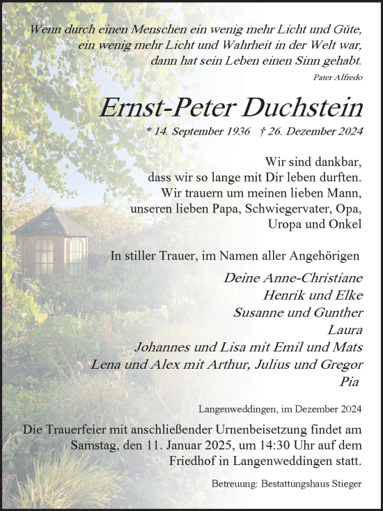 Traueranzeige von Ernst-Peter Duchstein von Volksstimme Oschersleben/Wanzleben