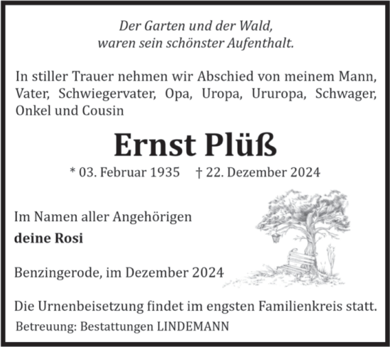 Traueranzeige von Ernst Plüß von Volksstimme Wernigerode