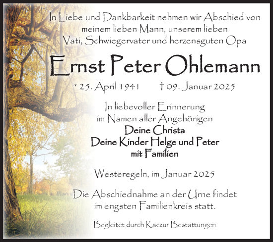 Traueranzeige von Ernst Peter Ohlemann von Volksstimme Staßfurt
