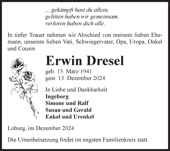 Traueranzeige von Erwin Dresel von Volksstimme Zerbst