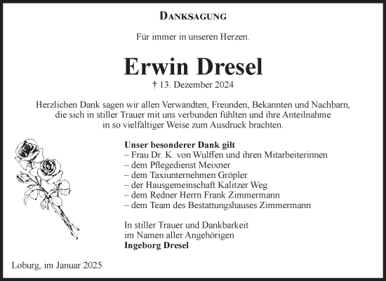 Traueranzeige von Erwin Dresel von Volksstimme Zerbst