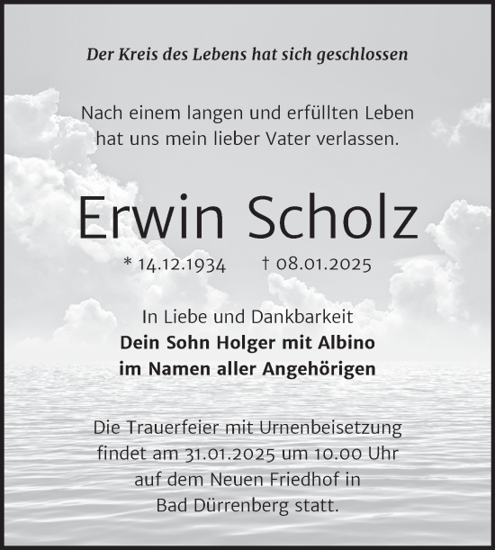 Traueranzeige von Erwin Scholz von Trauerkombi Merseburg