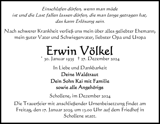 Traueranzeige von Erwin Völkel von Volksstimme Altmark Ost