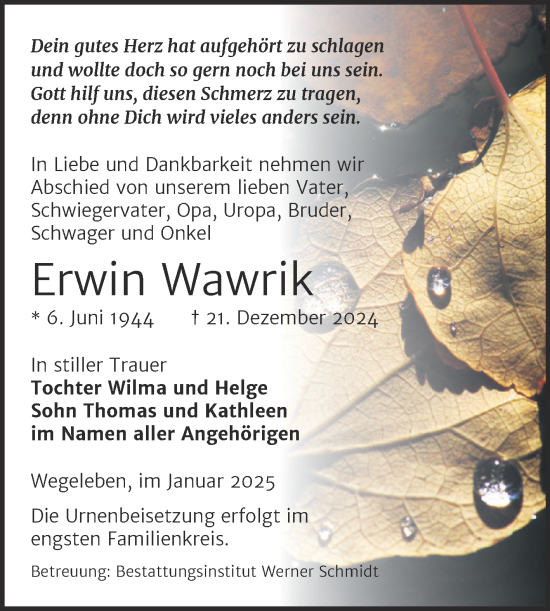 Traueranzeige von Erwin Wawrik von Volksstimme Halberstadt