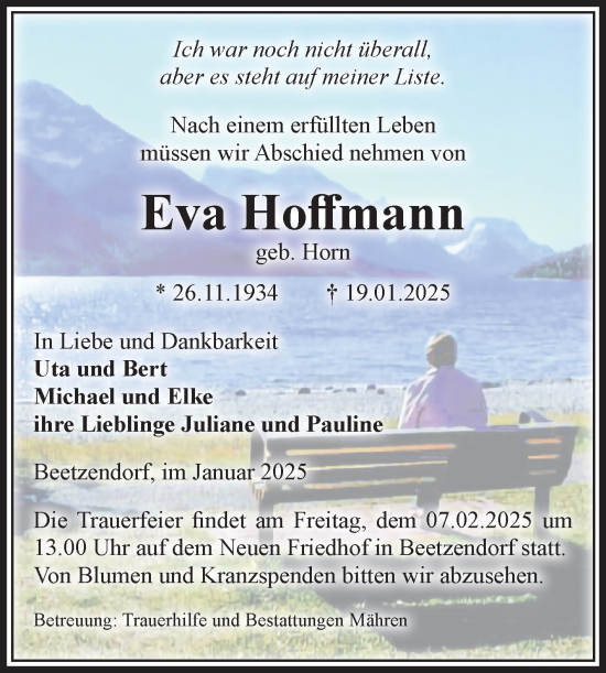 Traueranzeige von Eva Hoffmann von Volksstimme Altmark West