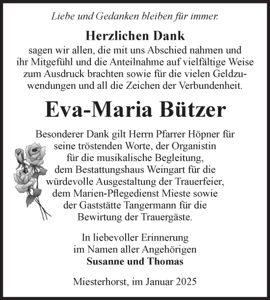 Traueranzeige von Eva-Maria Bützer von Volksstimme Altmark West
