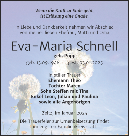 Traueranzeige von Eva-Maria Schnell von Trauerkombi Zeitz