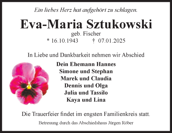 Traueranzeige von Eva-Maria Sztukowski von Volksstimme Magdeburg
