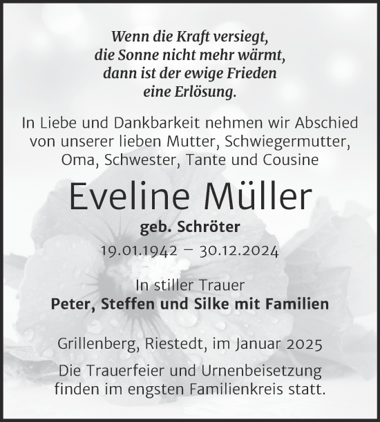 Traueranzeige von Eveline Müller von Trauerkombi Sangerhausen