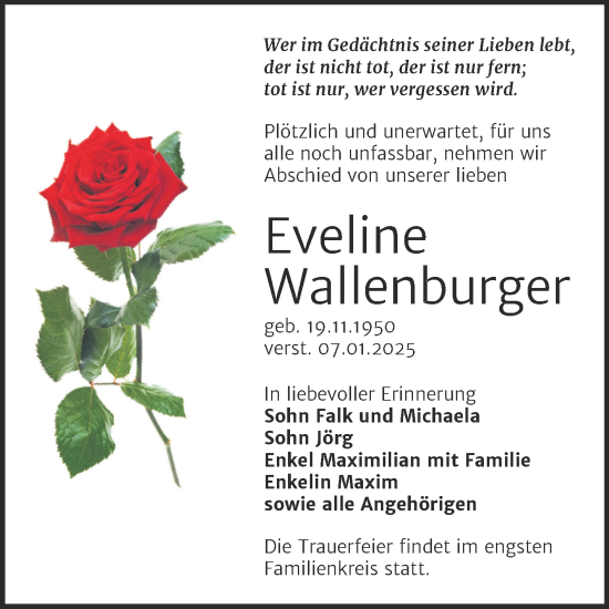 Traueranzeige von Eveline Wallenburger von Trauerkombi Weißenfels