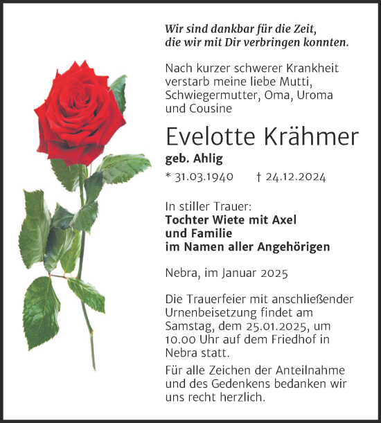 Traueranzeige von Evelotte Krähmer von Naumburger Tageblatt