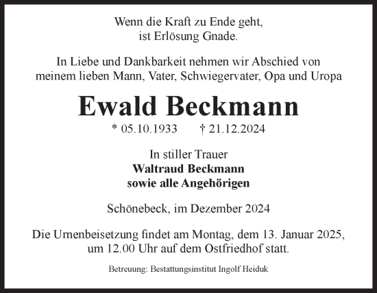 Traueranzeige von Ewald Beckmann von Volksstimme Schönebeck
