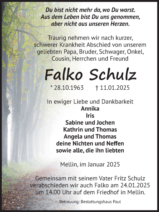 Traueranzeige von Falko Schulz von Volksstimme Altmark West